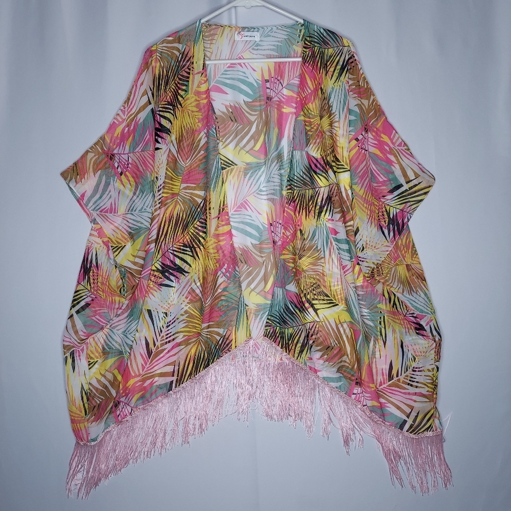 Soul Young Kimono‎ Coverup Top Tassel Multicolor Chiffon OSFM Women Resortwear